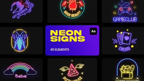 AE模板45个霓虹灯标志制作闪亮发光俱乐部夜总会广告FX特效元素