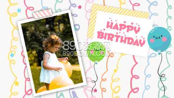 AE模板儿童生日快乐幻灯片周岁视频相册照片集气球小彩旗制作