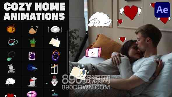 AE模板手绘vlog日常生活可爱卡通动画图形装饰元素动态贴纸Cozy Home Stickers