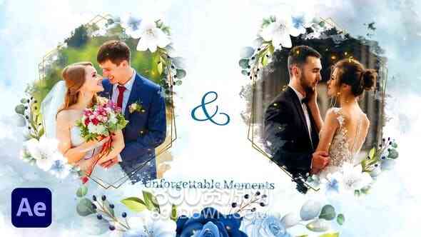 AE模板浪漫唯美水彩花卉婚礼相册优雅结婚幻灯片视频制作