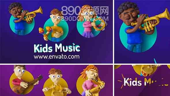 AE模板3d卡通可爱粘土儿童人物形象吹奏乐器音乐乐队主题网站宣传形象